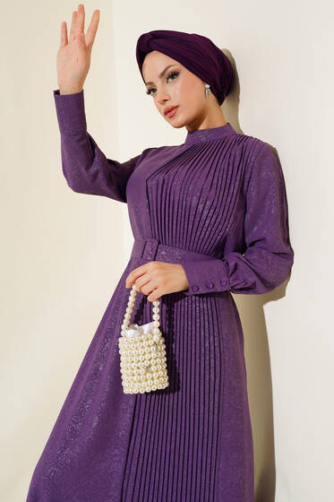 Boydan Yarı Piliseli Elbise Mor - Elbise