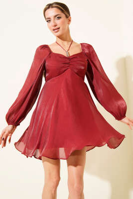 Boyun Bağcıklı Parlak Şifon Mini Elbise Bordo - Kadın Giyim Modelleri