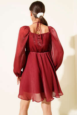 Boyun Bağcıklı Parlak Şifon Mini Elbise Bordo - Kadın Giyim Modelleri