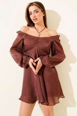 Boyun Bağcıklı Parlak Şifon Mini Elbise Gül Kurusu - Günün Seçilenleri