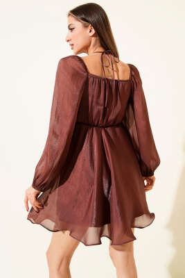 Boyun Bağcıklı Parlak Şifon Mini Elbise Gül Kurusu - Günün Seçilenleri