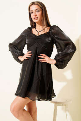 Boyun Bağcıklı Parlak Şifon Mini Elbise Siyah - Günün Seçilenleri