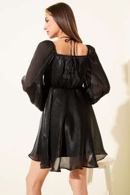 Boyun Bağcıklı Parlak Şifon Mini Elbise Siyah - Kadın Giyim Modelleri