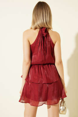 Boyun Bağlamalı Bel Lastikli Mini Elbise Bordo - Kadın Giyim Modelleri