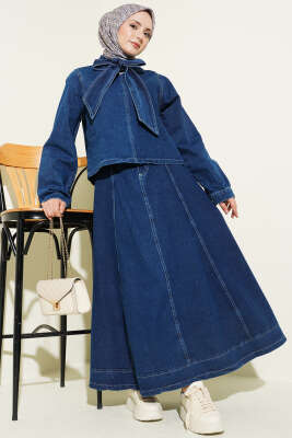 Boyun Bağlamalı Bluzlu Etekli Kot Takım Lacivert - TABA