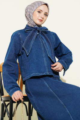 Boyun Bağlamalı Bluzlu Etekli Kot Takım Lacivert - İkili Takım