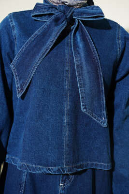 Boyun Bağlamalı Bluzlu Etekli Kot Takım Lacivert - İkili Takım