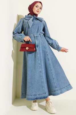 Boyun Bağlamalı Bluzlu Etekli Kot Takım Mavi - TABA