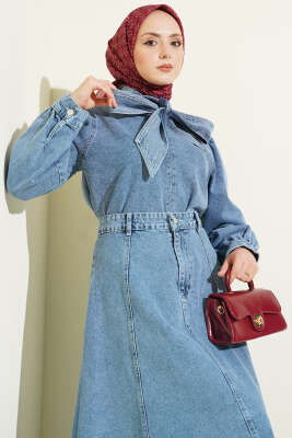 Boyun Bağlamalı Bluzlu Etekli Kot Takım Mavi - İkili Takım