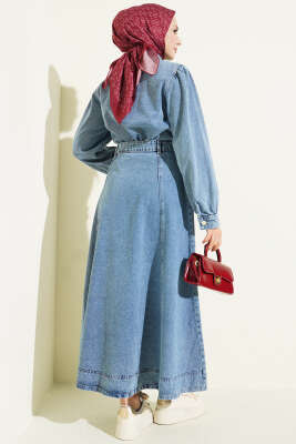 Boyun Bağlamalı Bluzlu Etekli Kot Takım Mavi - İkili Takım