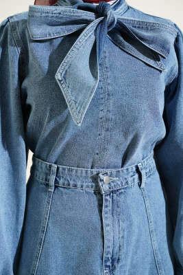 Boyun Bağlamalı Bluzlu Etekli Kot Takım Mavi - İkili Takım