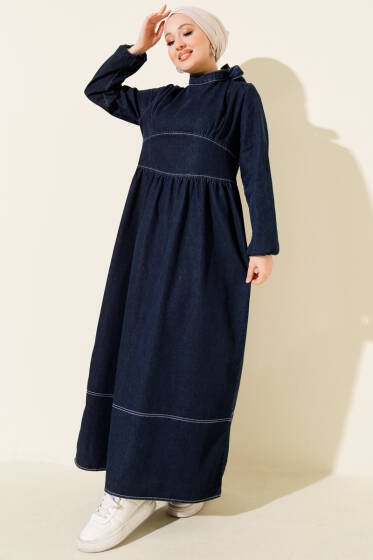 Boyun Bağlamalı Kot Elbise Lacivert - Elbise
