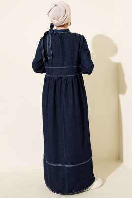 Boyun Bağlamalı Kot Elbise Lacivert - Elbise