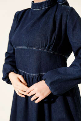 Boyun Bağlamalı Kot Elbise Lacivert - Elbise