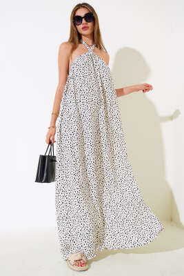 Boyun Bağlamalı Puantiyeli Elbise Ekru 