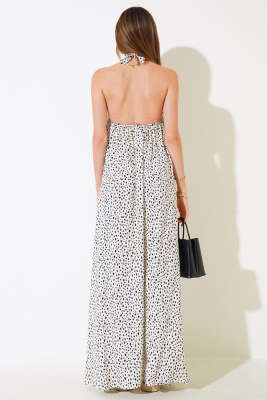 Boyun Bağlamalı Puantiyeli Elbise Ekru - Kadın Giyim Modelleri