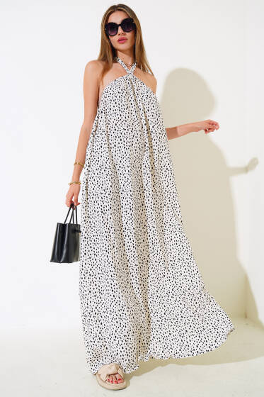 Boyun Bağlamalı Puantiyeli Elbise Ekru - Yeni Giyim