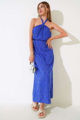 Boyun Bağlamalı Puantiyeli Elbise Saks - TİLLE