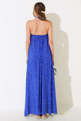 Boyun Bağlamalı Puantiyeli Elbise Saks - Kadın Giyim Modelleri