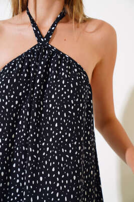 Boyun Bağlamalı Puantiyeli Elbise Siyah - Kadın Giyim Modelleri