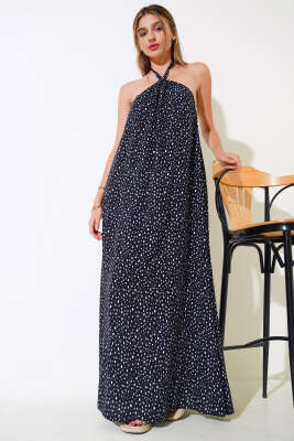 Boyun Bağlamalı Puantiyeli Elbise Siyah - Kadın Giyim Modelleri