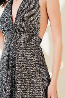 Boyun Bağlamalı Pul Payet Mini Elbise Gümüş - Kadın Giyim Modelleri