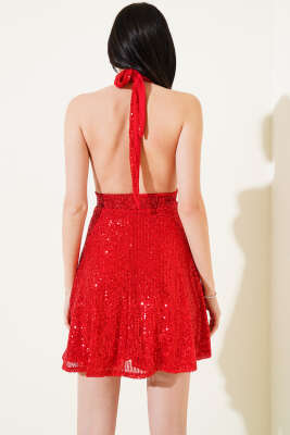 Boyun Bağlamalı Pul Payet Mini Elbise Kırmızı - Kadın Giyim Modelleri