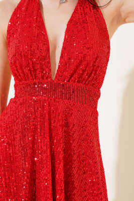 Boyun Bağlamalı Pul Payet Mini Elbise Kırmızı - Kadın Giyim Modelleri