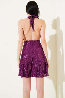 Boyun Bağlamalı Pul Payet Mini Elbise Mor - Kadın Giyim Modelleri