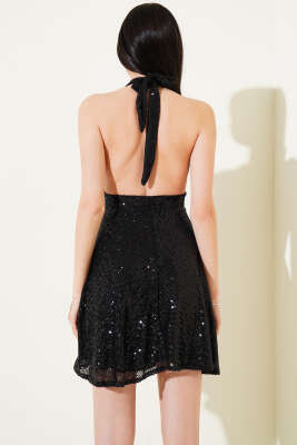 Boyun Bağlamalı Pul Payet Mini Elbise Siyah - Kadın Giyim Modelleri