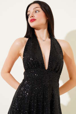 Boyun Bağlamalı Pul Payet Mini Elbise Siyah - Kadın Giyim Modelleri