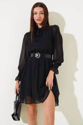 Boyun Bağlamalı Tül Elbise Siyah - Kadın Giyim Modelleri