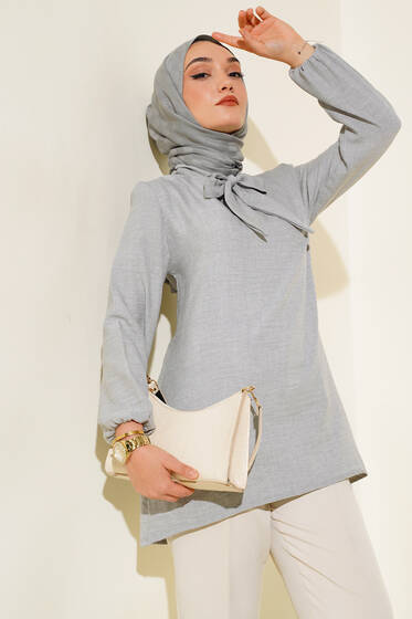 Boyun Bağlamalı Tunik Gri - Tunik