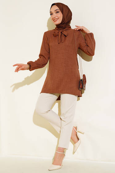 Boyun Bağlamalı Tunik Kahve - Tunik