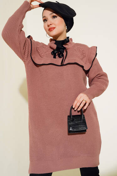 Boyundan Bağlamalı Fırfırlı Triko Tunik Gül Kurusu - Kazak