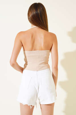 Boyundan Geçirmeli Kaşkorse Crop Bej - Yılın Fırsatı