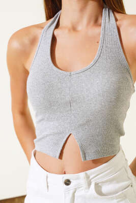 Boyundan Geçirmeli Kaşkorse Crop Gri - Kadın Giyim Modelleri