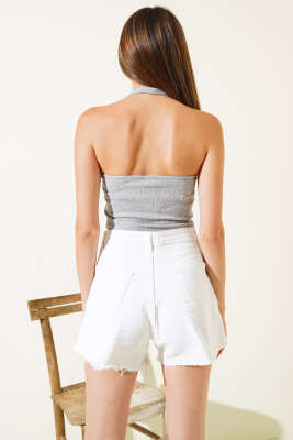 Boyundan Geçirmeli Kaşkorse Crop Gri - Yılın Fırsatı