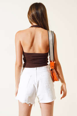 Boyundan Geçirmeli Kaşkorse Crop Kahve - Yılın Fırsatı