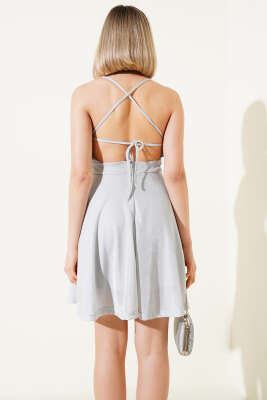 Boyundan İpli Simli Mini Elbise Gri - Kadın Giyim Modelleri