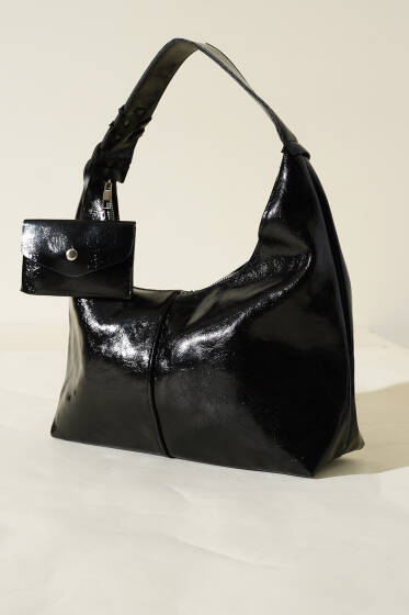 Bozuk Para Cüzdanlı Rugan Çanta Siyah - Kol Çantası