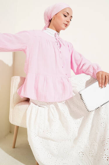 Brit Düğme Detaylı Bluz Pembe - Bluz