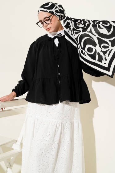 Brit Düğme Detaylı Bluz Siyah - Bluz