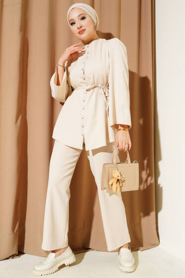 Brit Düğme Detaylı İp Kuşaklı İkili Takım Bej - İkili Takım