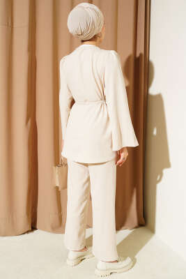 Brit Düğme Detaylı İp Kuşaklı İkili Takım Bej - İkili Takım
