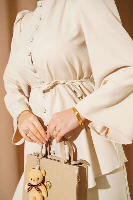 Brit Düğme Detaylı İp Kuşaklı İkili Takım Bej - İkili Takım