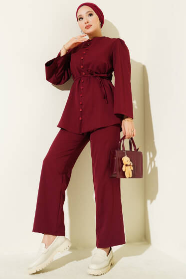 Brit Düğme Detaylı İp Kuşaklı İkili Takım Bordo - İkili Takım