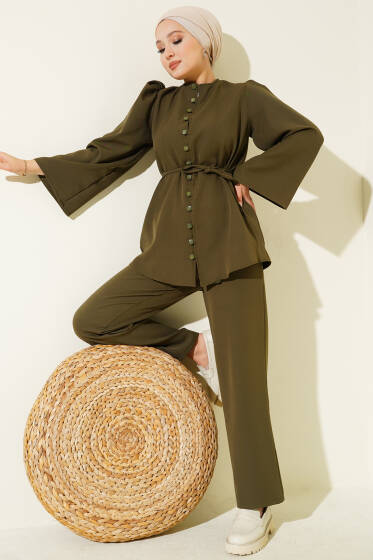 Brit Düğme Detaylı İp Kuşaklı İkili Takım Haki - İkili Takım