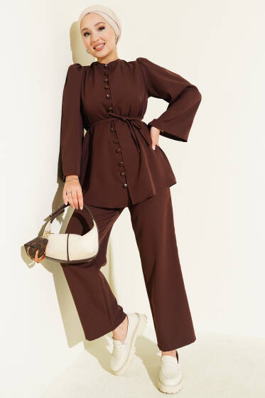 Brit Düğme Detaylı İp Kuşaklı İkili Takım Kahve - İkili Takım