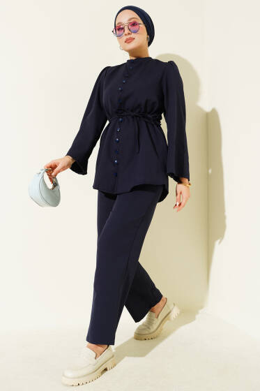 Brit Düğme Detaylı İp Kuşaklı İkili Takım Lacivert - İkili Takım